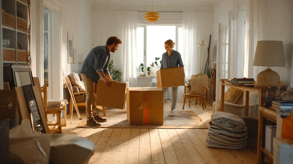 En familj flyttar in i sin nya bostad.