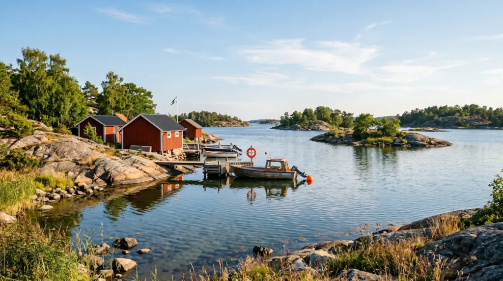 Skärgård i Blekinge med röda sjöbodar vid klippor, en brygga med småbåtar och en orange boj i stilla vatten under klar sommarhimmel.