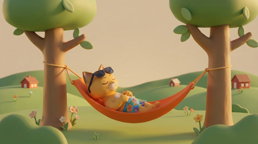 ee-cat-relaxa Avslappnad 3D‑illustration av en katt som ligger i en orange hängmatta mellan två träd, med solglasögon och lugnt sommarlandskap i mjuka gröna former i bakgrunden.