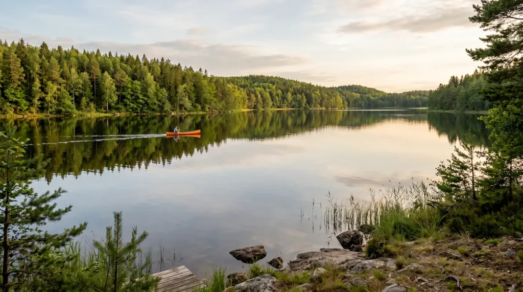 Sjön Halen i Olofström med spegelblankt vatten omgivet av grön skog i kvällsljus, och en orange kanot på vattnet.