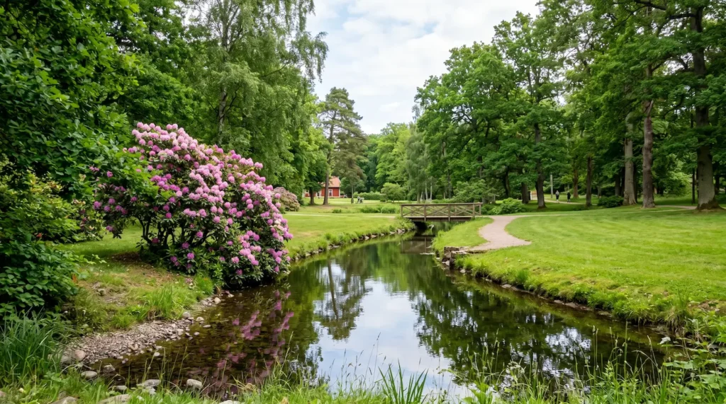 Ronneby Brunnspark med en stilla bäck, grönskande träd och en blommande rhododendronbuske i rosa nyanser, samt en liten träbro över vattnet.