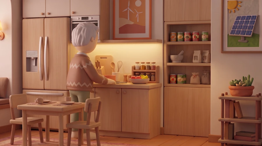 Person i ett varmt belyst kök lagar mat vid köksbänken. Rummet är inrett i mjuka trätoner med matbord, kylskåp, öppna hyllor, frukt på bänken samt tavlor med vindkraftverk och solpanel som symboliserar förnybar energi.
