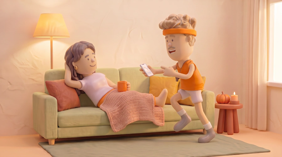 ee-elavtal-mamma-pappa Illustration av två personer i ett vardagsrum där en person sitter i soffan med en kopp i handen medan en annan visar något på en mobiltelefon.