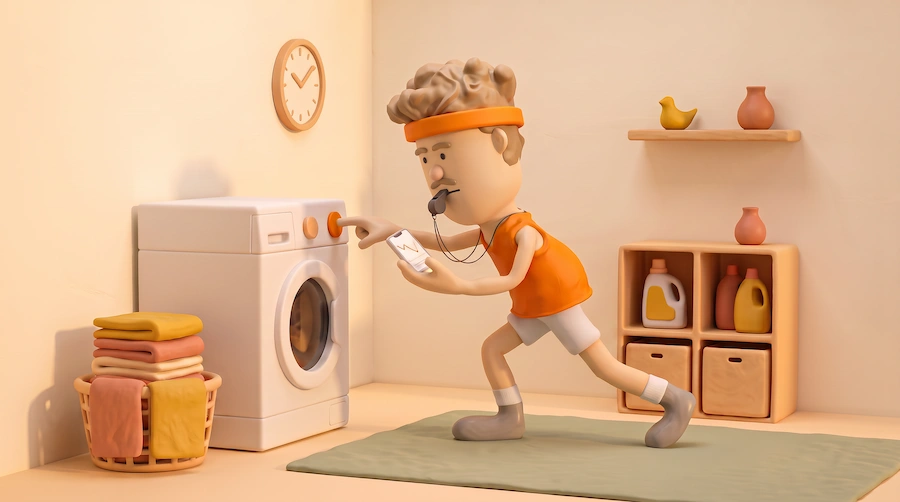 Illustration av person som tränar framför en tvättmaskin samtidigt som personen håller en mobiltelefon i handen i ett tvättrum.